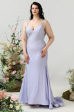 Mermaid Spaghetti Straps Lilac Plus Size Prom Dress with Criss Cross Back