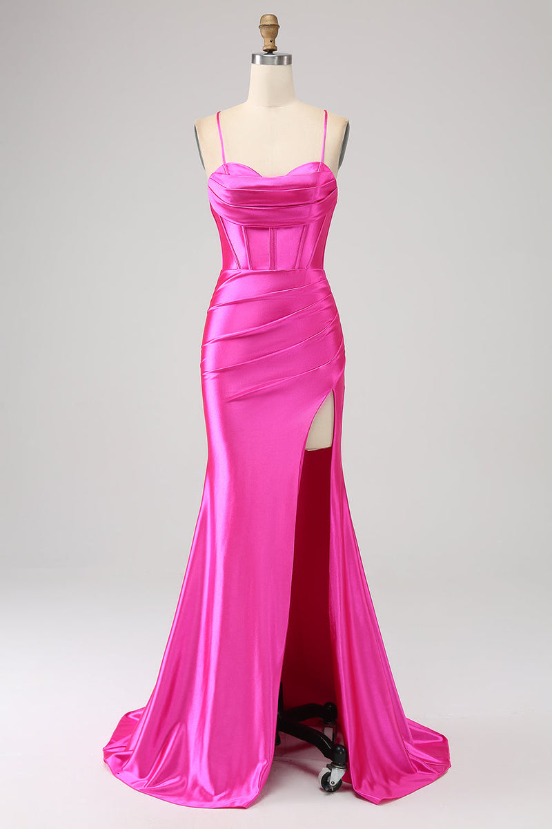 Load image into Gallery viewer, Stunning Mermaid Spaghetti Straps Fuchsia Corset Prom Dress with Split Front