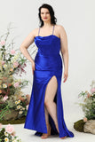 Sheath Spaghetti Straps Royal Blue Plus Size Prom Dress with Split Front