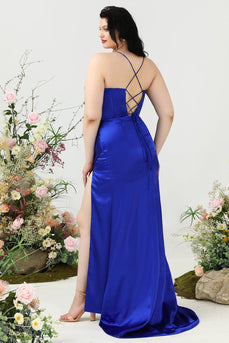 Sheath Spaghetti Straps Royal Blue Plus Size Prom Dress with Split Front