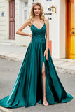 Trendy A Line Spaghetti Straps Peacock Green Long Prom Dress with Appliques