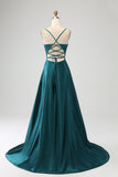 Peacock Green A-Line Spaghetti Straps Long Prom Dress with Slit