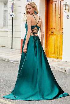 Trendy A Line Spaghetti Straps Peacock Green Long Prom Dress with Appliques