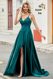 Trendy A Line Spaghetti Straps Peacock Green Long Prom Dress with Appliques