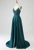 Load image into Gallery viewer, Peacock Green A-Line Spaghetti Straps Long Prom Dress with Slit