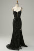 Load image into Gallery viewer, Mermaid Spaghetti Straps Black Sequins Long Prom Dress with Split Front