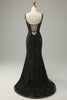 Load image into Gallery viewer, Mermaid Spaghetti Straps Black Sequins Long Prom Dress with Split Front