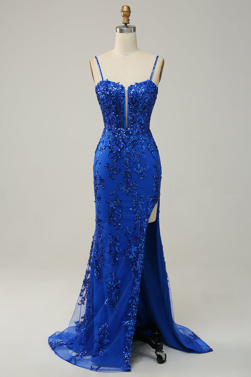 Load image into Gallery viewer, Mermaid Spaghetti Straps Royal Blue Sequins Long Prom Dress with Split Front