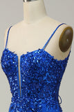 Mermaid Spaghetti Straps Royal Blue Sequins Long Prom Dress with Split Front