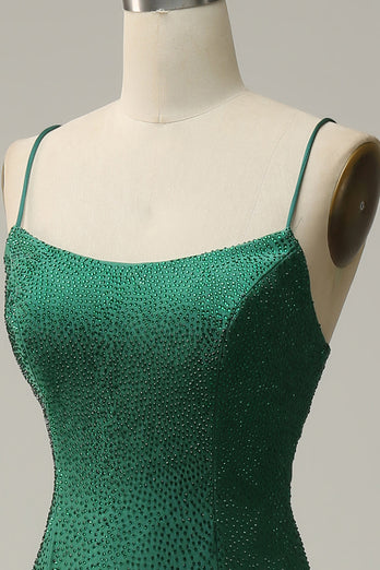Mermaid Spaghetti Straps Dark Green Long Prom Dress with Beading