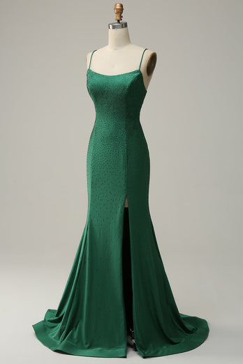 Mermaid Spaghetti Straps Dark Green Long Prom Dress with Beading