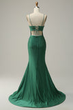 Mermaid Spaghetti Straps Dark Green Long Prom Dress with Beading