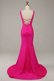 Fuchsia Mermaid V-Neck Beaded Prom Dress