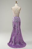 Mermaid Spaghetti Straps Purple Long Prom Dress with Appliques