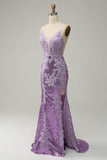 Mermaid Spaghetti Straps Purple Long Prom Dress with Appliques