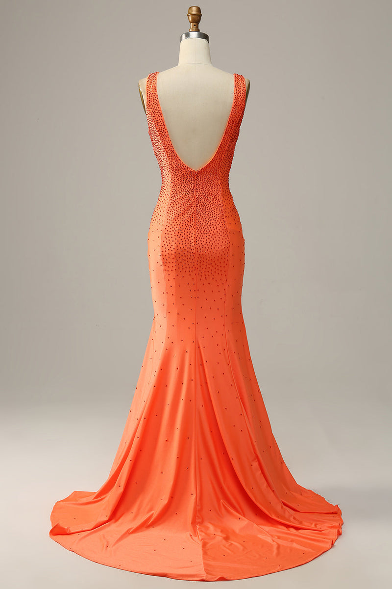 Load image into Gallery viewer, Mermaid V Neck Orange Long Prom Dress with Beading