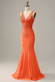 Mermaid V Neck Orange Long Prom Dress with Beading