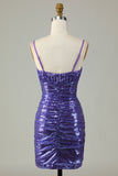 Sparkly Purple Sequins Spaghetti Straps Tight Short Homecoming Dress