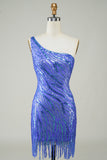 Sheath One Shoulder Blue Sequins Short Graduation Dress with Tassel