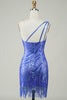Load image into Gallery viewer, Sheath One Shoulder Blue Sequins Short Graduation Dress with Tassel