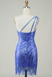 Sheath One Shoulder Blue Sequins Short Graduation Dress with Tassel