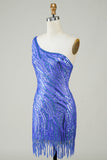 Sheath One Shoulder Blue Sequins Short Graduation Dress with Tassel