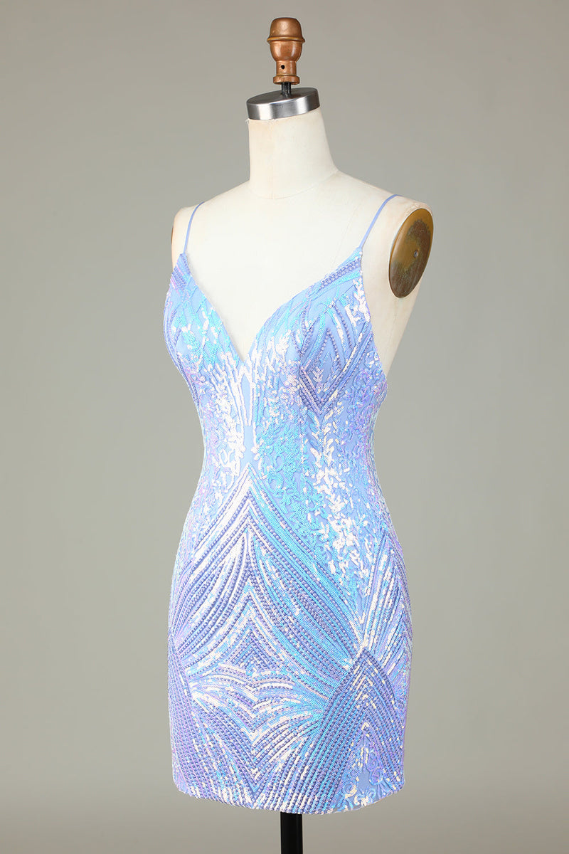 Load image into Gallery viewer, Sparkly Sheath Spaghetti Straps Blue Sequins Short Homecoming Dress with Backless