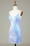 Sparkly Sheath Spaghetti Straps Blue Sequins Short Homecoming Dress with Backless