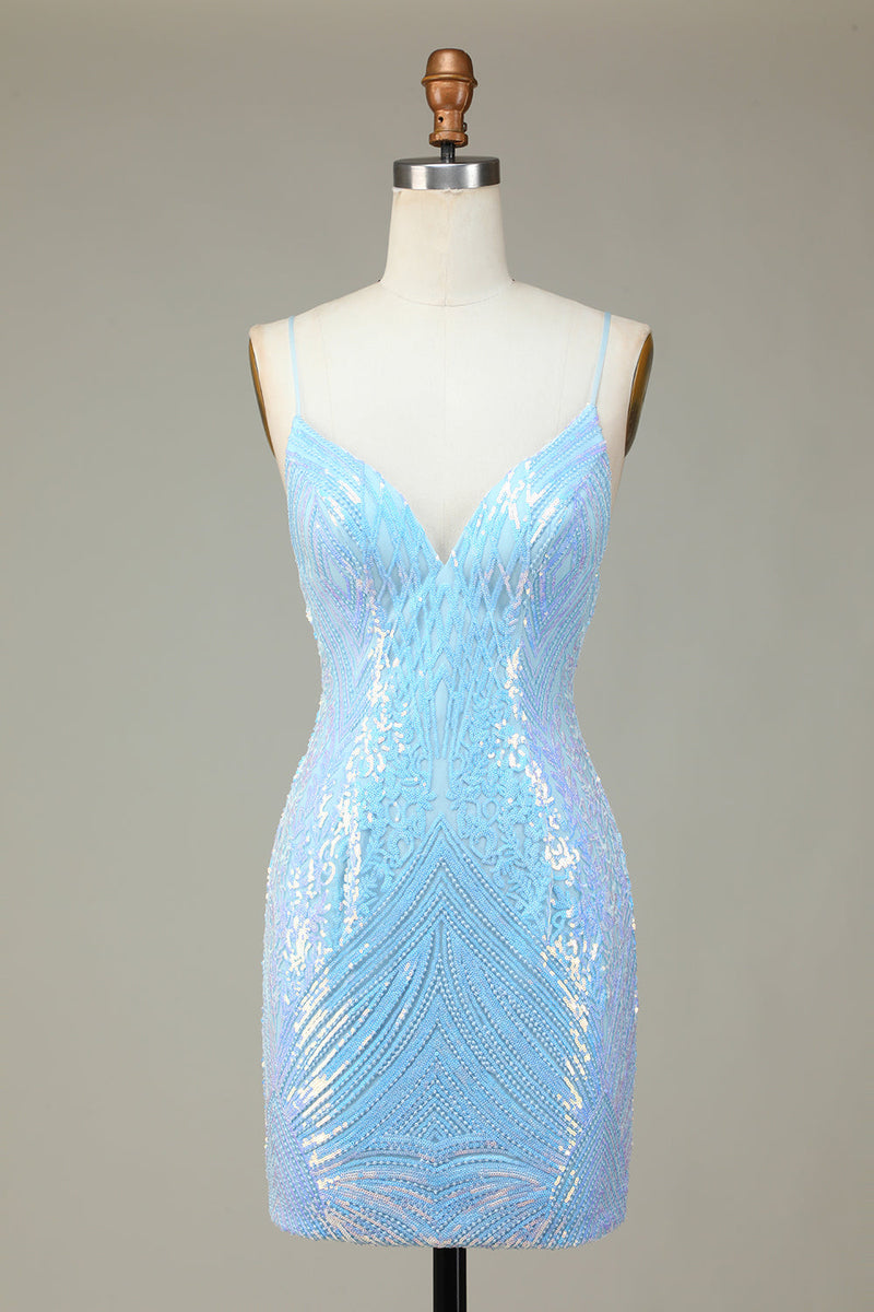 Load image into Gallery viewer, Sparkly Sheath Spaghetti Straps Blue Sequins Short Homecoming Dress with Backless