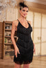 Load image into Gallery viewer, Sheath Spaghetti Straps Black Sequins Beaded 1920s Dress with Fringes