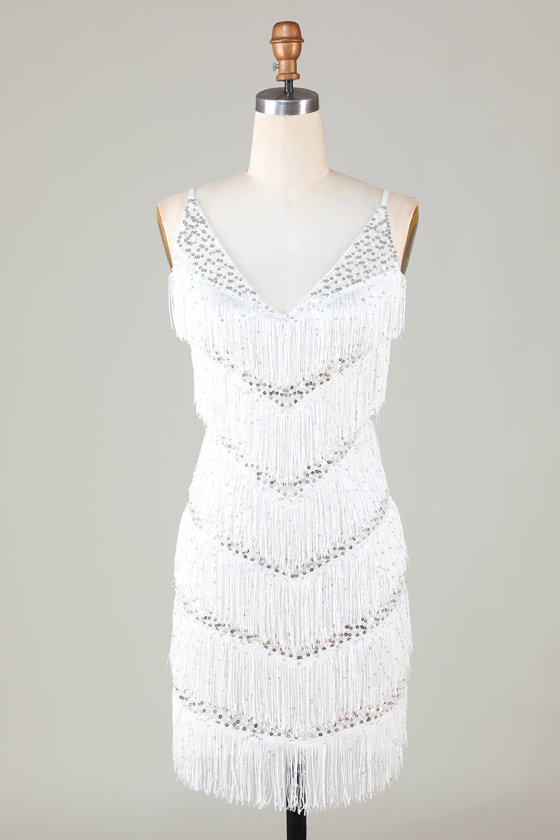 Load image into Gallery viewer, White Bodycon V-Neck Cross Back Tassel Homecoming Dress