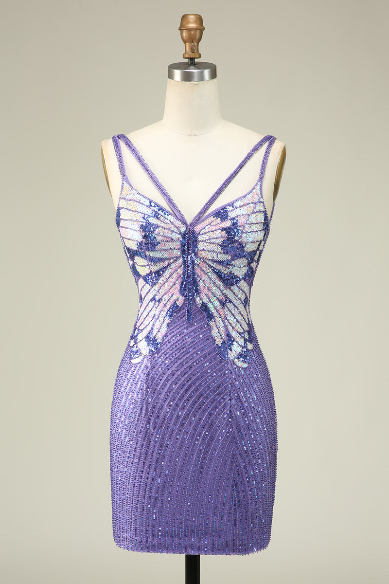 Load image into Gallery viewer, Sheath Spaghetti Straps Purple Sequins Short Homecoming Dress