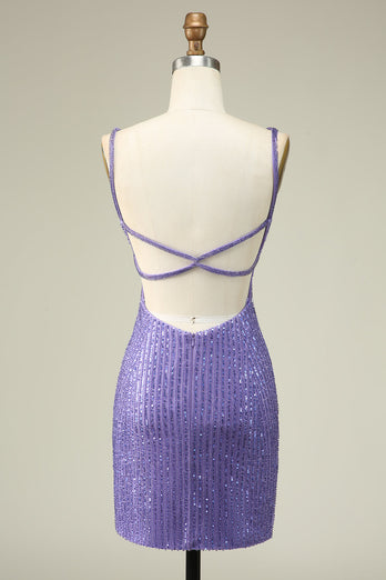 Sheath Spaghetti Straps Purple Sequins Short Homecoming Dress