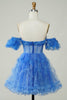 Load image into Gallery viewer, Blue Printed Detachable Sleeves Ruffled Short Homecoming Dress