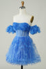Load image into Gallery viewer, Blue Printed Detachable Sleeves Ruffled Short Homecoming Dress