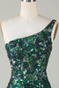 Load image into Gallery viewer, Bodycon One Shoulder Dark Green Sequins Short Homecoming Dress with Feather