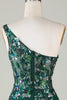 Load image into Gallery viewer, Bodycon One Shoulder Dark Green Sequins Short Homecoming Dress with Feather