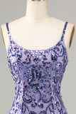 Sparkly Purple Sequins Spaghetti Straps Short Homecoming Dress with Fringes