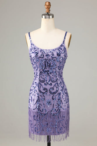 Sparkly Purple Sequins Spaghetti Straps Short Homecoming Dress with Fringes