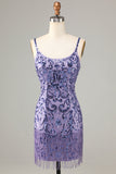 Sparkly Purple Sequins Spaghetti Straps Short Homecoming Dress with Fringes