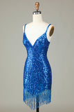 Sheath Spaghetti Straps Peacock Blue Sequins 1920s Dress with Tassel