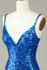Load image into Gallery viewer, Sparkly Bodycon Spaghetti Straps Blue Sequins Short Homecoming Dress with Tassel