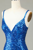 Sparkly Bodycon Spaghetti Straps Blue Sequins Short Homecoming Dress with Tassel