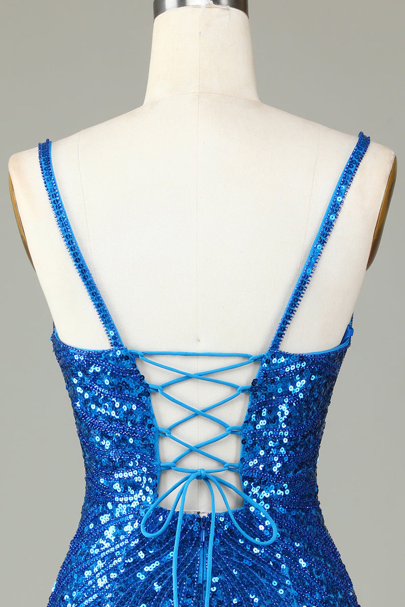 Load image into Gallery viewer, Sparkly Bodycon Spaghetti Straps Blue Sequins Short Homecoming Dress with Tassel