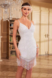 Bodycon Spaghetti Straps White Sequins 1920s Party Dress with Tassel