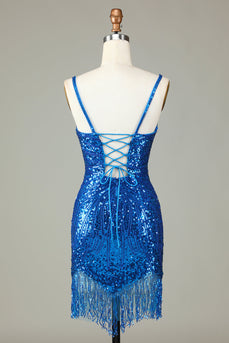 Sparkly Bodycon Spaghetti Straps Blue Lace-Up Back Short Homecoming Dress with Beading