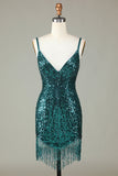 Sparkly Bodycon Spaghetti Straps Blue Lace-Up Back Short Homecoming Dress with Beading