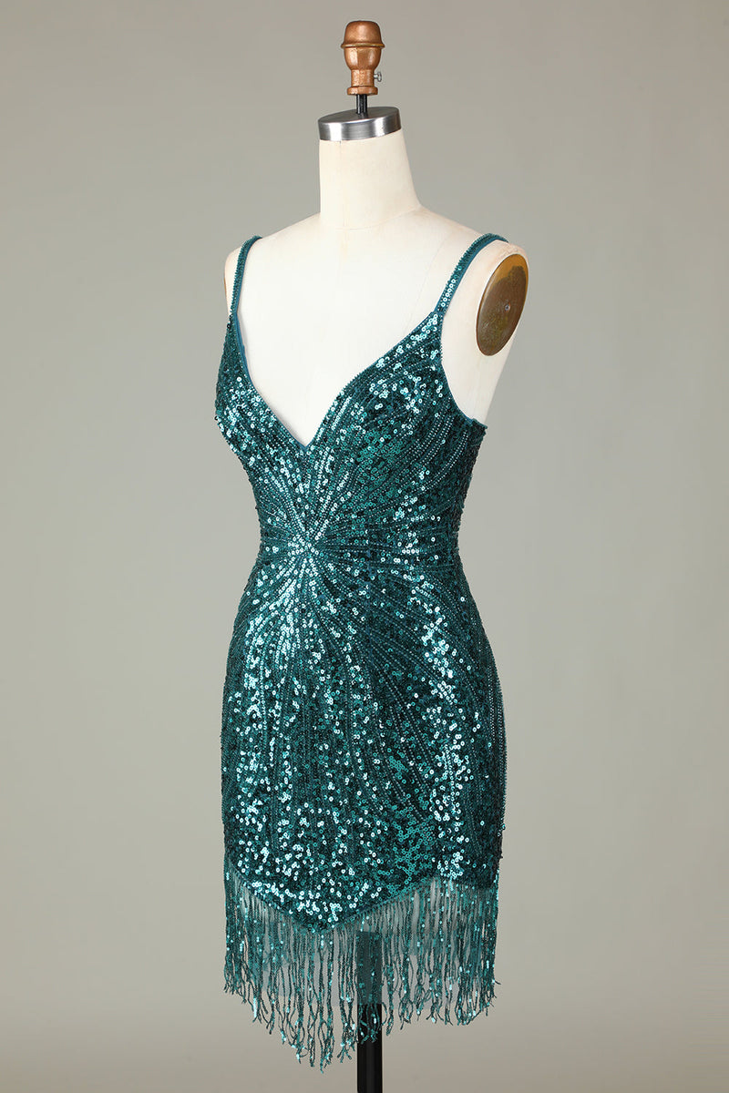 Load image into Gallery viewer, Sparkly Bodycon Spaghetti Straps Green Lace-Up Back Short Homecoming Dress with Beading