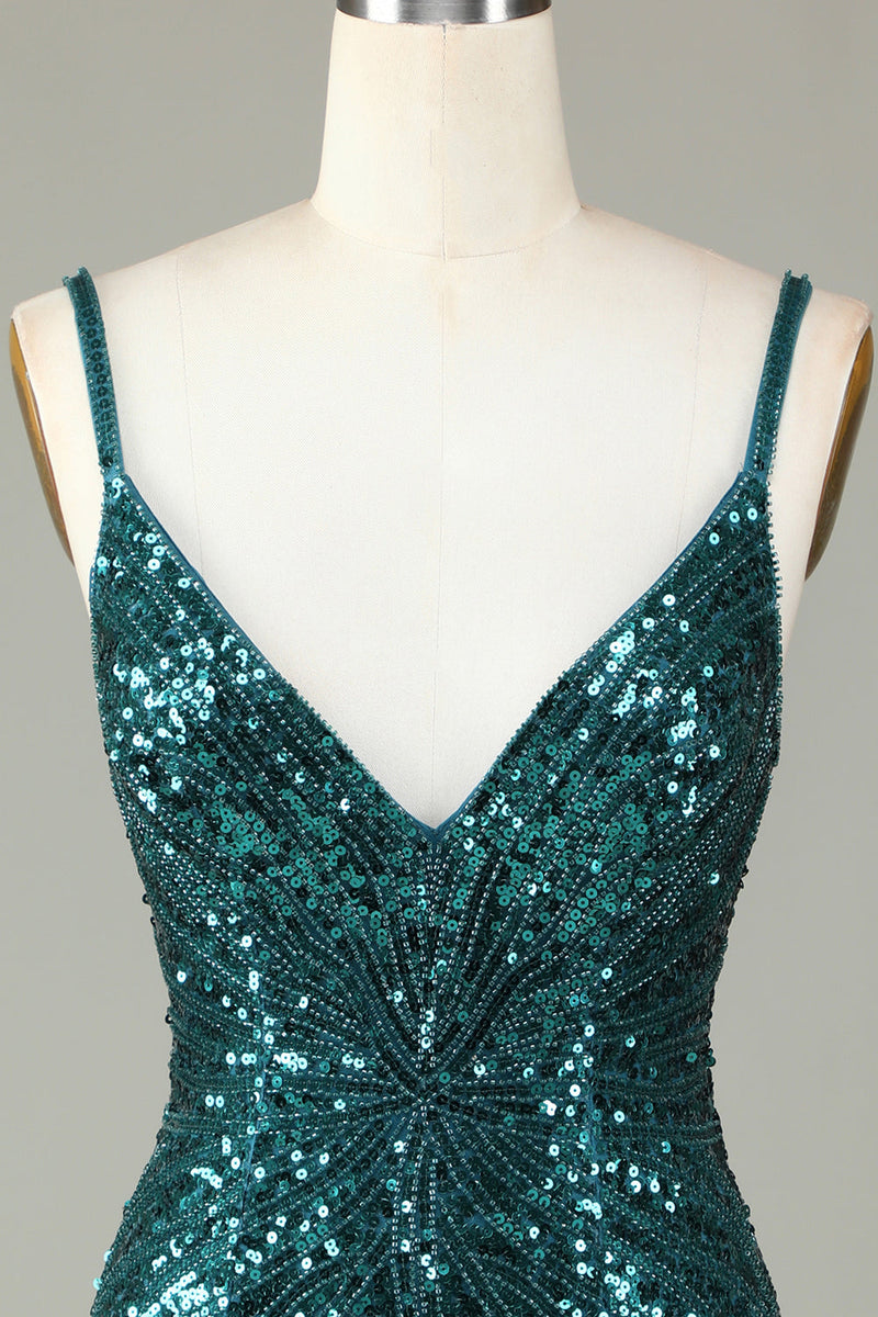 Load image into Gallery viewer, Sparkly Bodycon Spaghetti Straps Green Lace-Up Back Short Homecoming Dress with Beading
