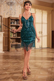 Sheath Spaghetti Straps Peacock Blue Sequins 1920s Dress with Tassel